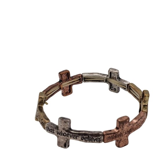 Inspirational Cross Bracelet Bible Verse In Tri-Color Gold  Metal Stretch Faith - Picture 6 of 14